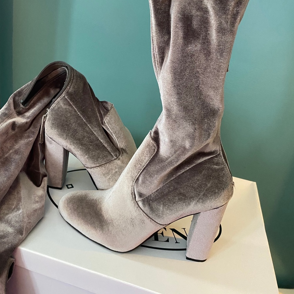 Gray knee high boots